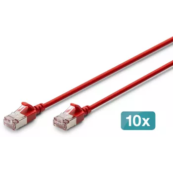 DIGITUS CAT 6A F-FTP plonas pataisos kabelis, 2 m, raudonas, 10 vnt. pakuotė, LSZH, 10GBase-T, RJ45, auksuoti kontaktai, PoE++