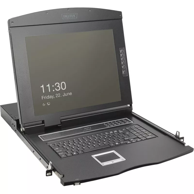 DIGITUS modulinė 19 colių HD LCD KVM konsolė su 8 prievadų HDMI KVM jungikliu, jutikliniu kilimėliu, vokišku klaviatūros išdėstymu