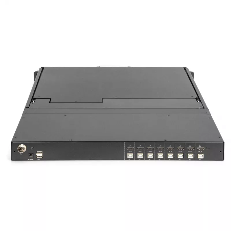 DIGITUS modulinė 19 colių HD LCD KVM konsolė su 8 prievadų HDMI KVM jungikliu, jutikliniu kilimėliu, vokišku klaviatūros išdėstymu