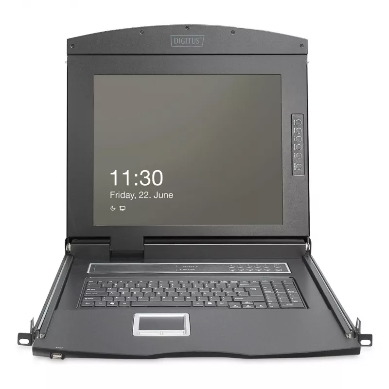 DIGITUS modulinė 19 colių HD LCD KVM konsolė su 8 prievadų HDMI KVM jungikliu, jutikliniu kilimėliu, vokišku klaviatūros išdėstymu