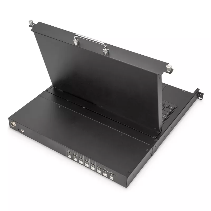 DIGITUS modulinė 19 colių HD LCD KVM konsolė su 8 prievadų HDMI KVM jungikliu, jutikliniu kilimėliu, vokišku klaviatūros išdėstymu