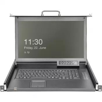 DIGITUS modulinė HD LCD KVM konsolė su 17 inch TFT, 16 prievadų CAT 5 KVM jungtimi, jutiklių kilimėliu, vokiška klaviatūros išdėstymo tvarka