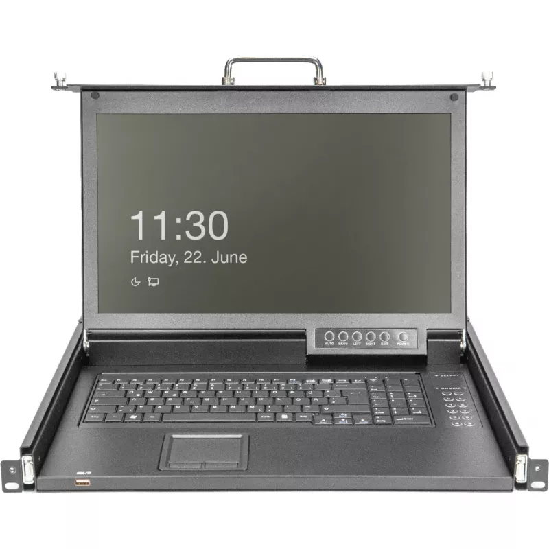 DIGITUS modulinė HD LCD KVM konsolė su 17 inch TFT, 16 prievadų CAT 5 KVM jungtimi, jutiklių kilimėliu, vokiška klaviatūros išdėstymo tvarka