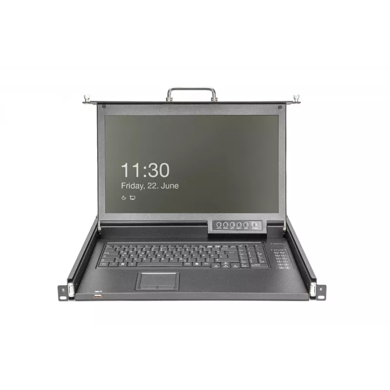 DIGITUS modulinė HD LCD KVM konsolė su 17 inch TFT, 16 prievadų CAT 5 KVM jungtimi, jutiklių kilimėliu, vokiška klaviatūros išdėstymo tvarka