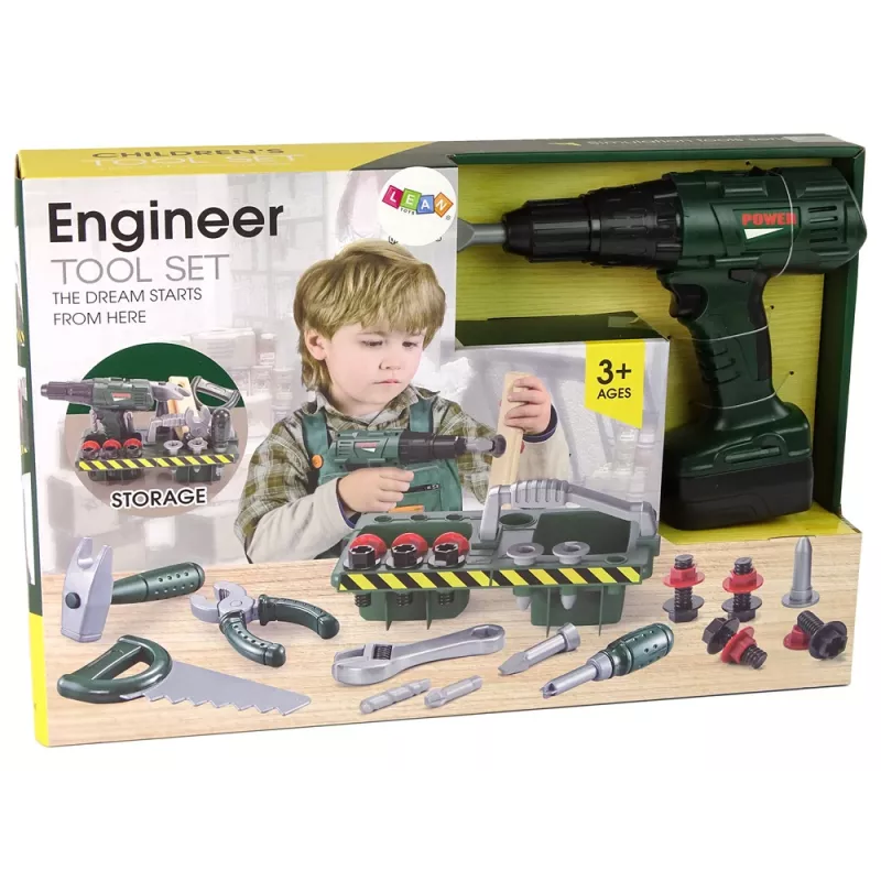 Meistro rinkinys su baterijomis veikiančiu atsuktuvu ir dėže, žalias, 13473 Lean Toys