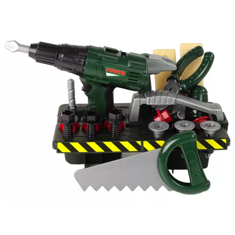 Meistro rinkinys su baterijomis veikiančiu atsuktuvu ir dėže, žalias, 13473 Lean Toys
