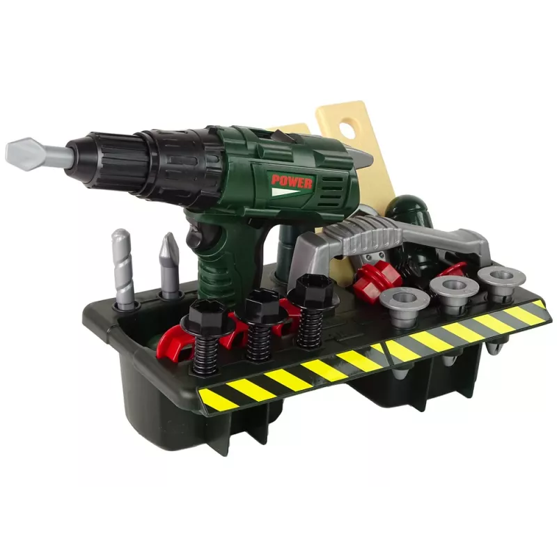 Meistro rinkinys su baterijomis veikiančiu atsuktuvu ir dėže, žalias, 13473 Lean Toys