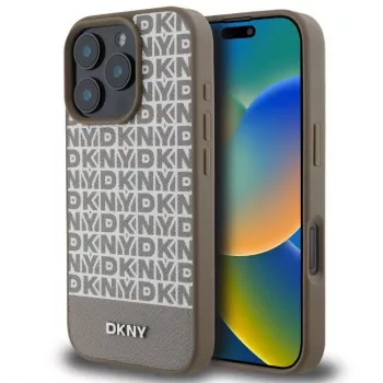DKNY Apple iPhone 16 Pro Max PU odos kartotinio rašto apatinės juostelės MagSafe dėklas rudas