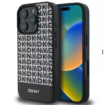 DKNY Apple iPhone 16 Pro Max PU odos kartotinio rašto apatinė juostelė MagSafe dėklas juodas
