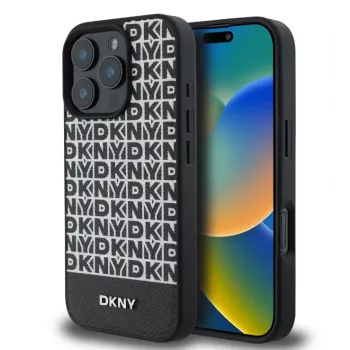 DKNY Apple iPhone 16 Pro PU odos su pasikartojančiu raštu ir apatine juostele MagSafe dėklas juodas