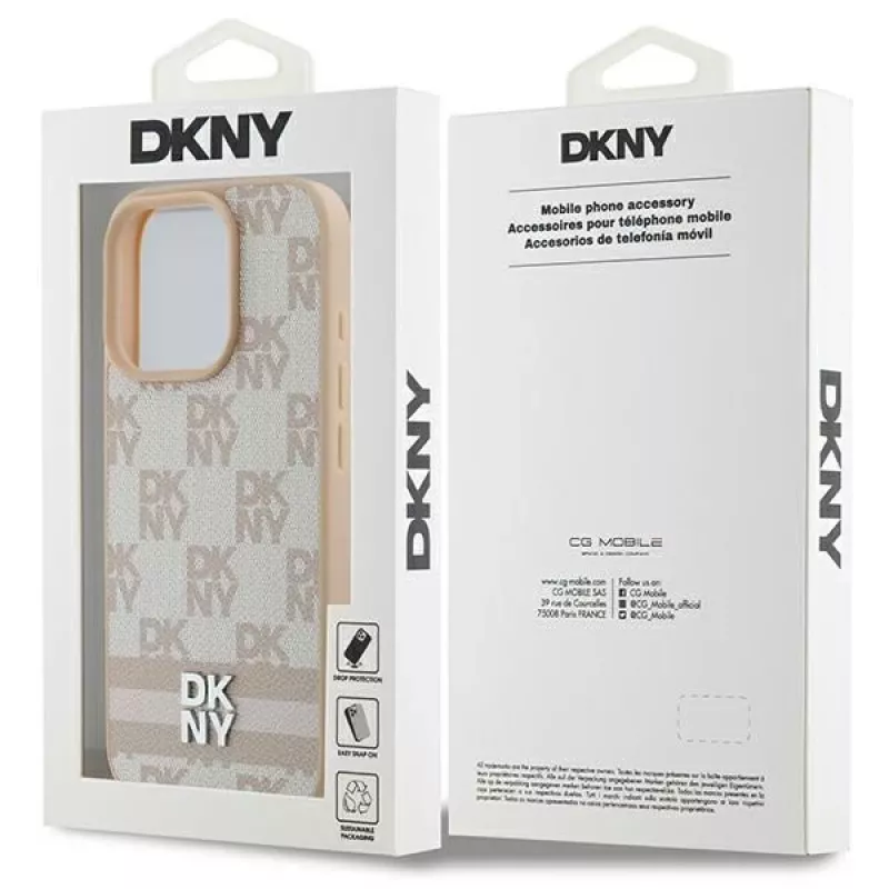 DKNY languotas raštas ir spausdintos juostelės iPhone 16 Pro dėklas - rožinė