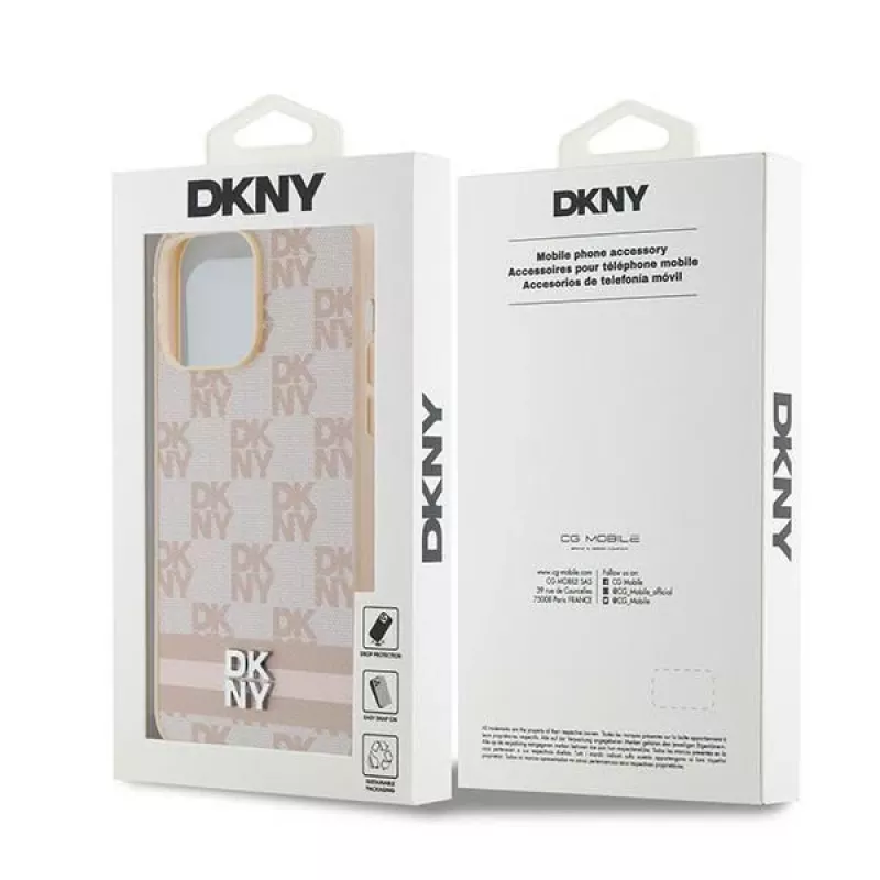DKNY odinis dėklas su languotu raštu ir spausdintomis juostelėmis, skirtas iPhone 14 Pro Max - rožinis