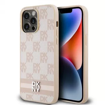 DKNY odinis dėklas su languotu raštu ir spausdintomis juostelėmis, skirtas iPhone 14 Pro Max - rožinis