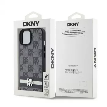 DKNY odinis dėklas su languotu monogramos raštu ir spausdintomis juostomis, skirtas iPhone 15/14/13 - juodos spalvos