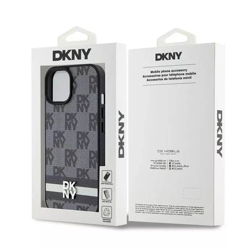 DKNY odinis dėklas su languotu monogramos raštu ir spausdintomis juostomis, skirtas iPhone 15/14/13 - juodos spalvos