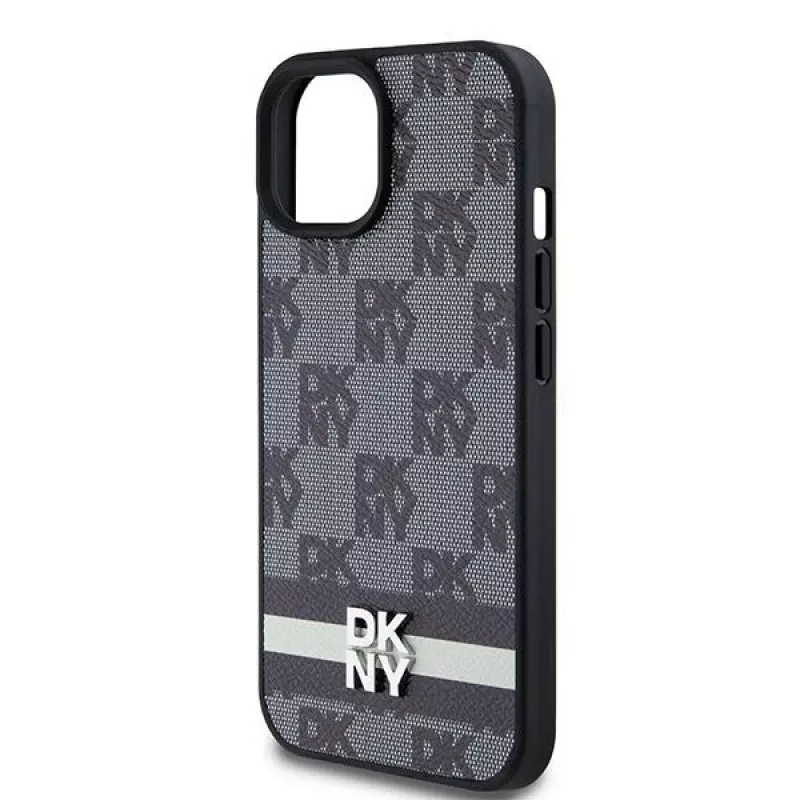 DKNY odinis dėklas su languotu monogramos raštu ir spausdintomis juostomis, skirtas iPhone 15/14/13 - juodos spalvos