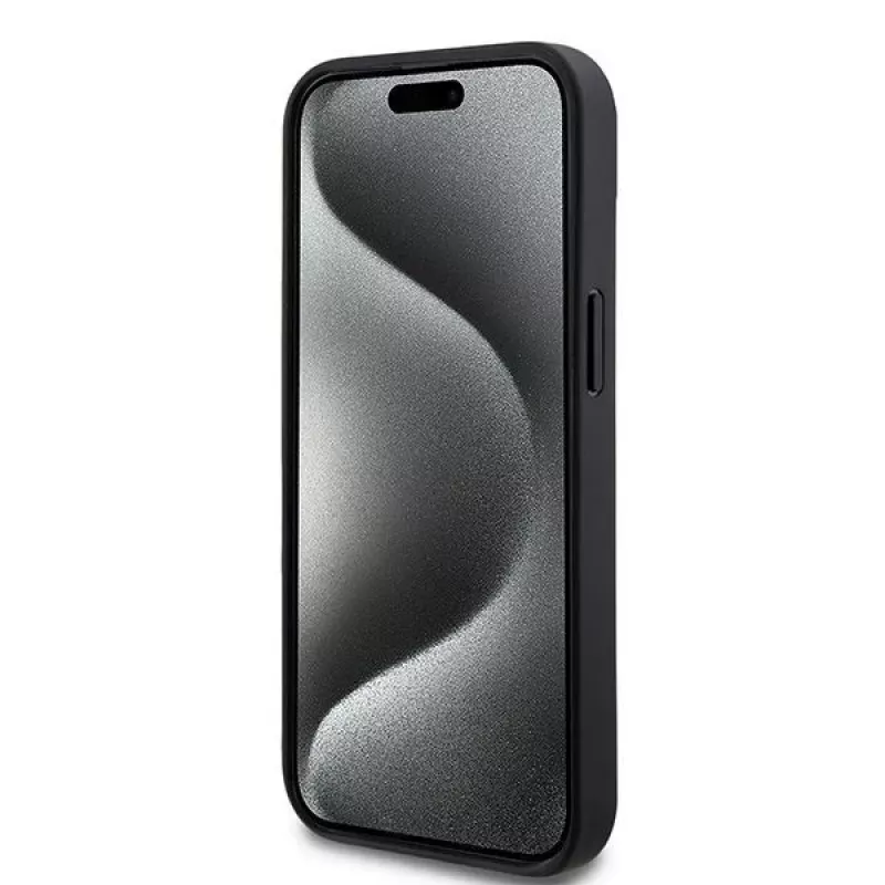 DKNY odinis dėklas su languotu monogramos raštu ir spausdintomis juostomis, skirtas iPhone 15/14/13 - juodos spalvos