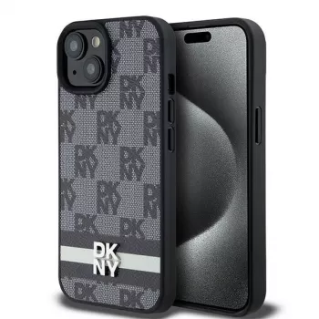 DKNY odinis dėklas su languotu monogramos raštu ir spausdintomis juostomis, skirtas iPhone 15/14/13 - juodos spalvos
