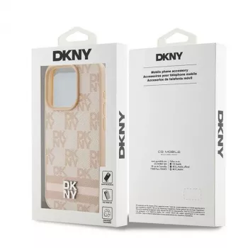 DKNY odinis languoto rašto ir spausdintų juostelių dėklas, skirtas iPhone 15 Pro Max - rožinis