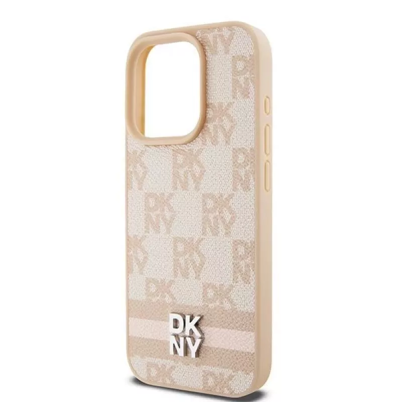 DKNY odinis languoto rašto ir spausdintų juostelių dėklas, skirtas iPhone 15 Pro Max - rožinis