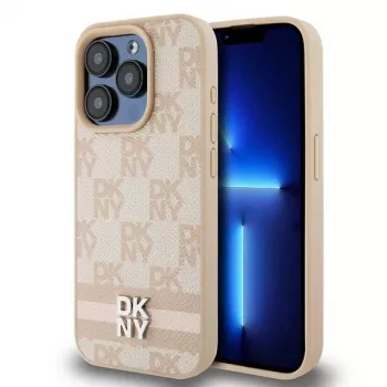 DKNY odinis languoto rašto ir spausdintų juostelių dėklas, skirtas iPhone 15 Pro Max - rožinis