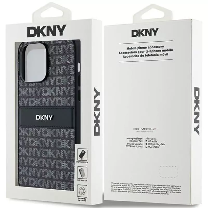 DKNY Leather Mono Stripe & Metal Logo Case, skirtas Apple iPhone 14 Pro - juoda