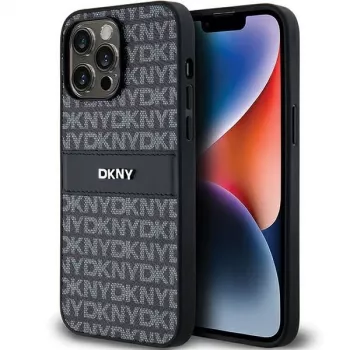 DKNY Leather Mono Stripe & Metal Logo Case, skirtas Apple iPhone 14 Pro - juoda