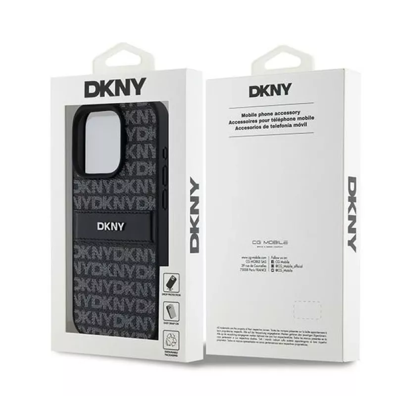 DKNY odinis dėklas su mono juostele ir metaliniu logotipu, skirtas iPhone 15 Pro - juodas