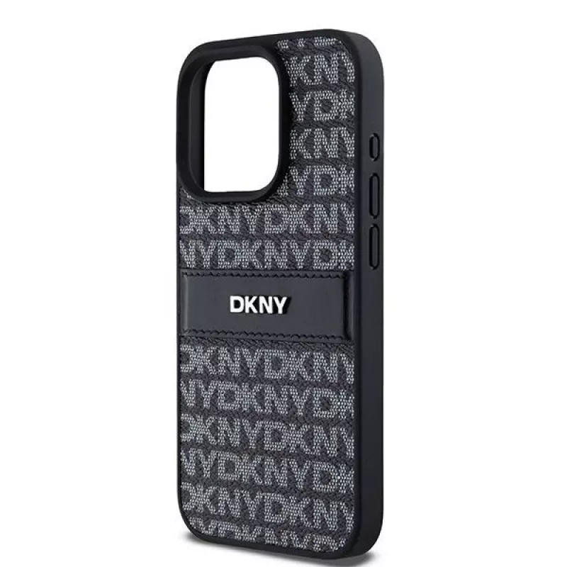 DKNY odinis dėklas su mono juostele ir metaliniu logotipu, skirtas iPhone 15 Pro - juodas