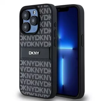 DKNY odinis dėklas su mono juostele ir metaliniu logotipu, skirtas iPhone 15 Pro - juodas