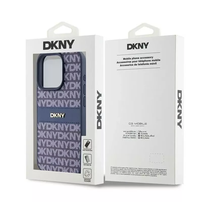 DKNY odinis dėklas su mono juostele ir metaliniu logotipu, skirtas iPhone 15 Pro - mėlynas
