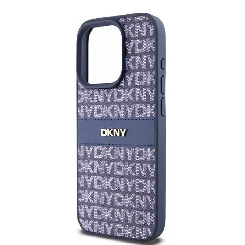 DKNY odinis dėklas su mono juostele ir metaliniu logotipu, skirtas iPhone 15 Pro - mėlynas