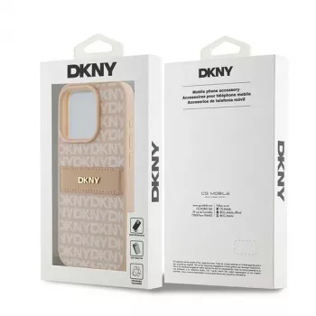 DKNY odinis dėklas su mono juostelėmis ir metaliniu logotipu, skirtas iPhone 15 Pro - rožinis