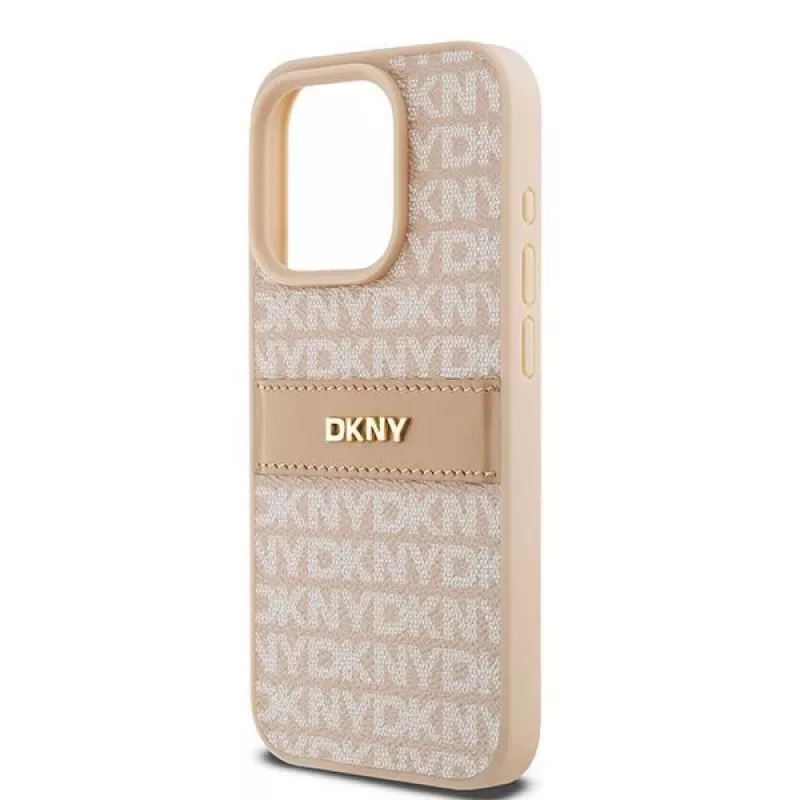 DKNY odinis dėklas su mono juostelėmis ir metaliniu logotipu, skirtas iPhone 15 Pro - rožinis