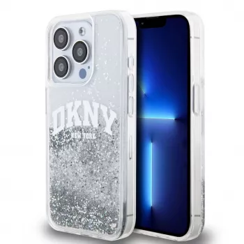 DKNY Liquid Glitter Arch Logo dėklas, skirtas iPhone 14 Pro, permatomas
