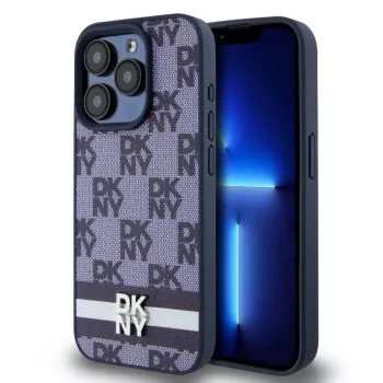 DKNY PU odos languoto rašto ir juostelės dėklas, skirtas iPhone 15 Pro Max, mėlynas