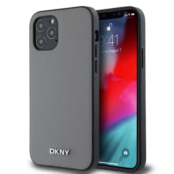 DKNY PU odos MagSafe dėklas, skirtas iPhone 12/12 Pro, su sidabriniu metaliniu logotipu - pilka