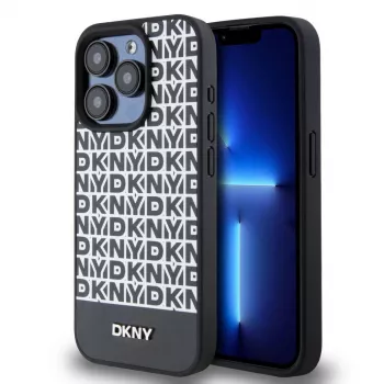 DKNY PU odos kartojamo rašto apatinės juostos MagSafe dėklas, skirtas iPhone 14 Pro Max - juodas