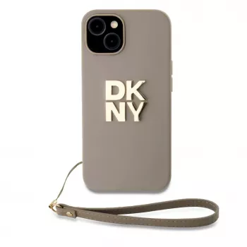 DKNY PU odos Stack Logo dėklas su riešo dirželiu, skirtas iPhone 13 Pro Max, smėlio spalvos