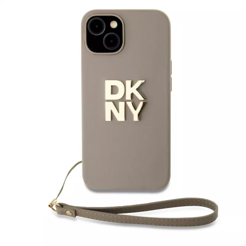 DKNY PU odos Stack Logo dėklas su riešo dirželiu, skirtas iPhone 13 Pro Max, smėlio spalvos