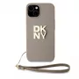 DKNY PU odos Stack Logo dėklas su riešo dirželiu, skirtas iPhone 13 Pro Max, smėlio spalvos