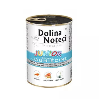 Dolina Noteci Premium Junior gausus ėriena Šlapias šunų maistas vidutinių ir didelių veislių šuniukams, 400g skardinė