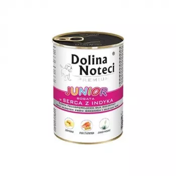 DOLINA NOTECI Premium Junior Rich in Turkey Hearts - Šlapias ėdalas vidutinių ir didelių veislių šuniukams - 400g