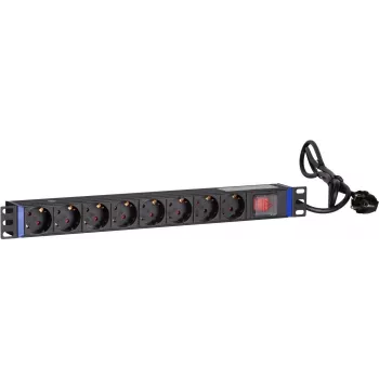 DSIT DS-8PDU-S 19 colių stovo PDU su jungikliu, 8x Schuko lizdai, 2 m laidas, 16A/3680W – juoda/sidabrinė