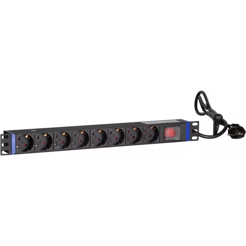 DSIT DS-8PDU-S 19 colių stovo PDU su jungikliu, 8x Schuko lizdai, 2 m laidas, 16A/3680W – juoda/sidabrinė