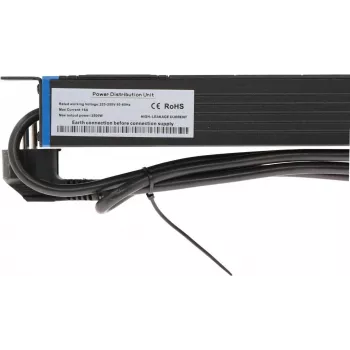DSIT DS-8PDU-S 19 colių stovo PDU su jungikliu, 8x Schuko lizdai, 2 m laidas, 16A/3680W – juoda/sidabrinė