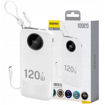 Dudao 120W greito įkrovimo power bank su įmontuotu kabeliu ir skaitmeniniu ekranu, 10000mAh, baltas