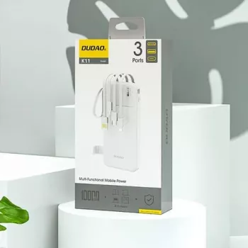 Dudao K11 10000mAh Powerbank su įmontuotais kabeliais balta