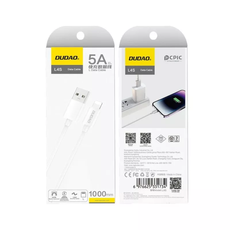 Dudao USB-A į Lightning laidas 1m baltas
