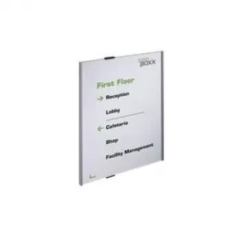 DURABLE INFO SIGN A3 portretinis sidabrinis aliuminis informacinis ženklas, anti-glare akrilas, tvirtinimas varžtais, 297 x 420 mm įdėklas 480823